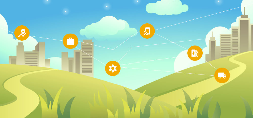 Illustration of skyscrapers on green countryside with icons showing electrification and climate symbols connected by lines