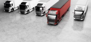 Fleet of trucks with cargo trailers. A red truck in front, the leader concept. Transport, shipping industry. 3D illustration